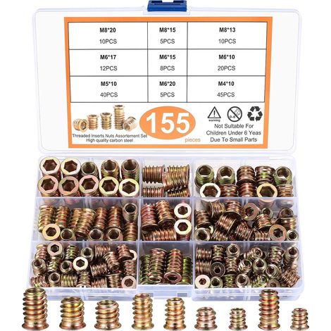 Inserts Filetés pour Bois, 155 Pièces Manchons à Visser, Écrous à Visser Filetés, M4 M5 M6 M8 Boulons à Visser Écrous Hexagonaux, Vis à Six Pans Creux pour Meubles en Bois (zinc color) (1/5)