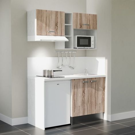 Kitchenette K13L-PT - 140 cm avec plan de travail et évier - Façade Bois - Plan Blanc - Crédences Oui