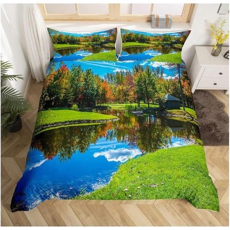 Nature Style Housse de Couette Arbre Rivière Herbe Parure de Lit 200x200cm Amoureux de Paysages Naturels Ensembles - V5Y (1/4)