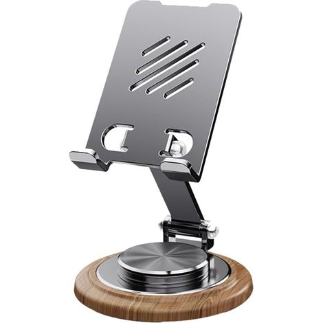 KOWOLL Support de téléphone pliable double pour bureau, accessoire de support de téléphone portable réglable, support de téléphone rotatif à 360° pour bureau, avec base en bois. (1/5)