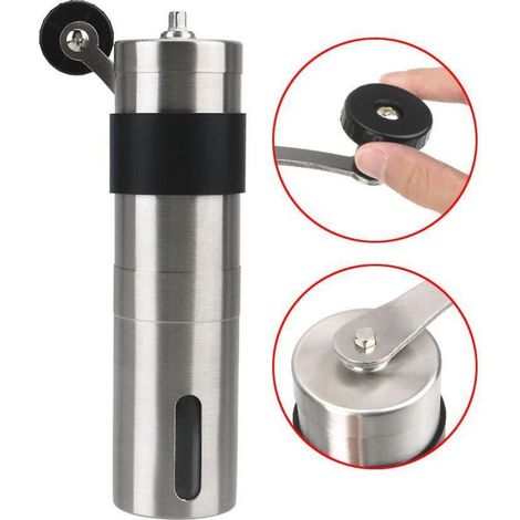 Macinacaffè portatile, manuale, in acciaio inox, a manovella, 18 cm, con rivestimento in silicone nero lucido (1/3)