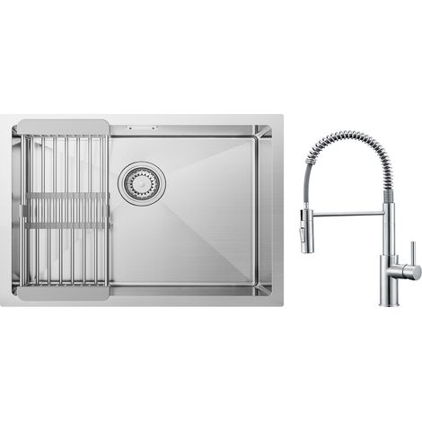 Évier de Cuisine 1 Bac Brossé avec Panier de Drainage 60×44cm + Mitigeur de Cuisine à Ressort Brossé avec Douchette Extractible (1/5)