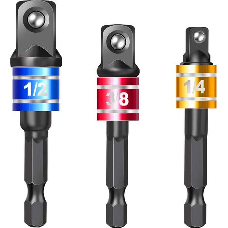 Set di adattatori per bussole a impatto da 3 pezzi per trapani, adattatore per bussola per avvitatore a impatto con gambo esagonale da 1/4", 3/8", 1/2", adattatore da bussola a trapano