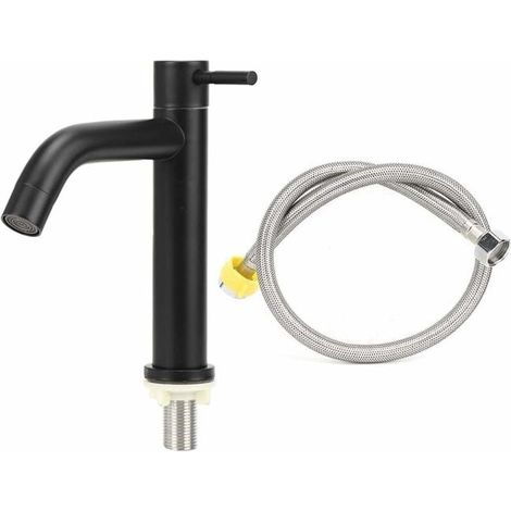 Mitigeur de lavabo salle de bain en inox, robinet simple eau froide avec flexible intégré, finition acier brossé, usage domestique, monocommande, modèle 91509212 (1/3)