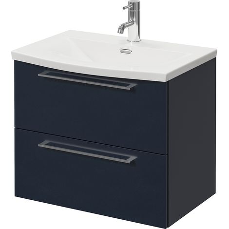 Napoli 390 Deep Blue 600mm Wall Mounted 2 Drawer Vanity Unit with Arc Basin - 600mm - Chrome 320mm Handle