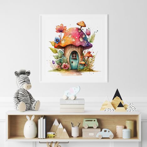 Poster / Affiche carrée Enfants - Maison Champignons - 50x50 cm (1/3)