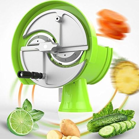 Cortadora manual giratoria de verduras con 2 cuchillas de acero inoxidable para patatas, pepinos, zanahorias, cebollas y limones. (1/5)