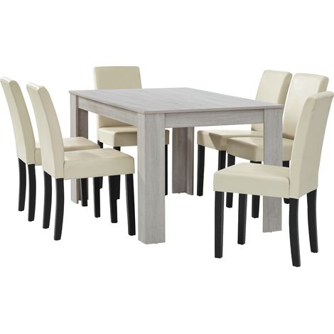 Set Pranzo con Tavolo 140x90 cm e 6 Sedie in Similpelle - Effetto Rovere Bianco / color Crema [en.casa]