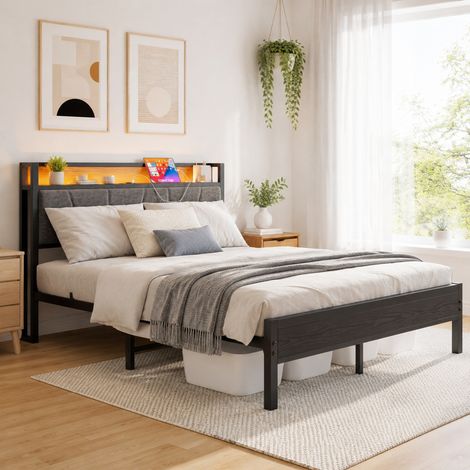 Letto matrimoniale 140x200 cm in metallo nero con vano portaoggetti, senza materasso FloraGrace (1/5)