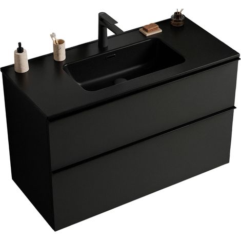 Waschtischunterschrank Bernstein LAVOA 100cm Badmöbel: Schwarz matt, Waschbecken: Schwarz matt, Metallgriff: Schwarz matt