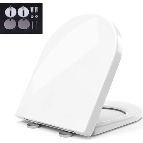 Toilettendeckel, D-Form Toilettensitz, WC Sitz mit Absenkautomatik, Quick Release Funktion, Antibakteriell Klodeckel aus Duroplast mit verstellbaren Scharnieren, Toilet Seat WC Deckel Klobrille, weiß