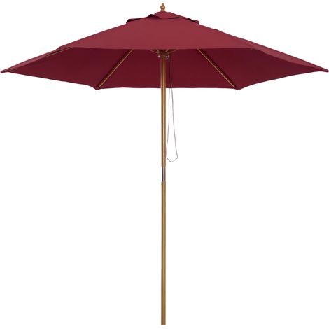 Parasol en bois Ø250x230cm pour usage extérieur, avec 6 baleenes et système de poulie, couleur bordeaux