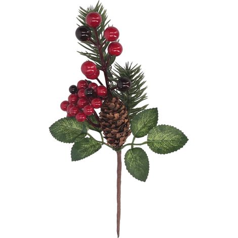 Ramo con Bacche Rosse e Pigna H.19 cm Verde
