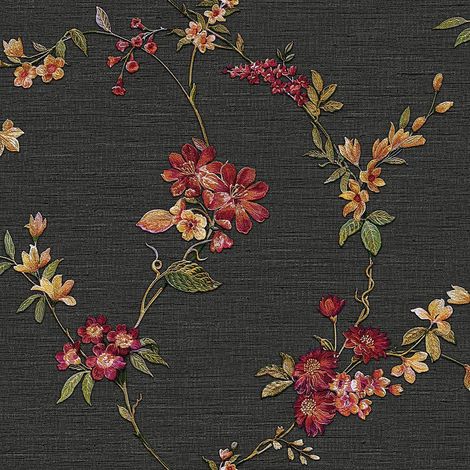 Black Red Floral Wallpaper Textured Embossed Metallic Paste The Wall Vinyl (1/2)