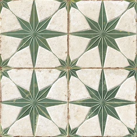Carrelage Vintage effet Carreau ciment 3D Etoile Verte et Fond Blanc 22,3x22,3x0,9 cm Sparta - Sol et mur intérieur (vendu par carton de 0,65 m²) - RO'MA CARRELAGE
