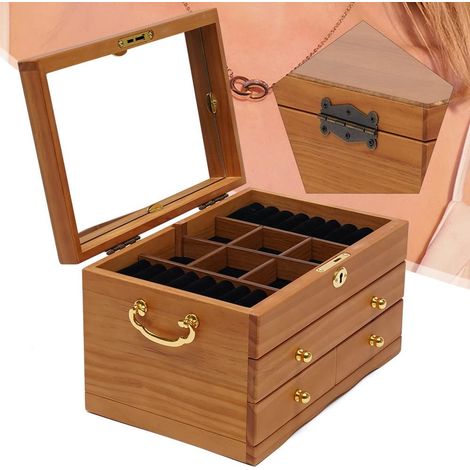 3-Schichten Holz Schmuckkasten, Schmuckschatullen, Vintage Schnitzerei Schmuckkoffer, Schmuck Aufbewahrungbox für Armbänder Halskette Ringe