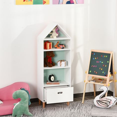 Bibliothèque/étagère de rangement pour jouets, idéale pour les chambres d'enfants et d'adolescents. 1 tiroir et 4 étagères. Blanc et bleu, 50 x 30 x 142 cm.