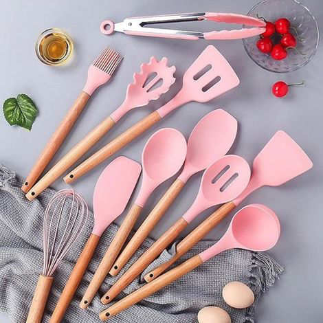 Ustensiles De Cuisine - 12 Pièces En Silicone Alimentaire Et Manche Bois - Résistant Jusqu'à 210 °C - Pour Cuisinières Et Pâtissières - Lot Complet Avec Porte-Ustensiles (1/5)
