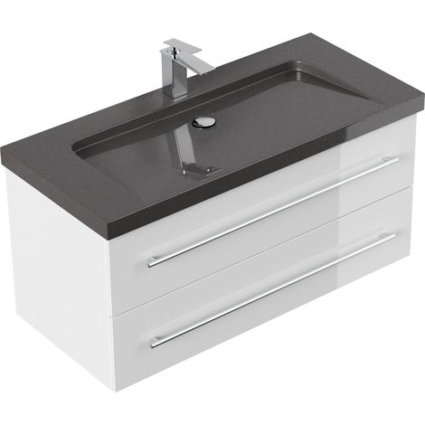 Badmöbel Granit India Black Damo 100 cm 1 Hahnloch SoftClose weiß hochglanz