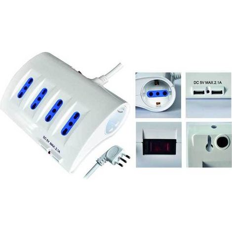 Mehrfachsteckdose mit Schalter, 8 Schuko-, Bypass- und USB-Steckdosen, 16A-Stecker