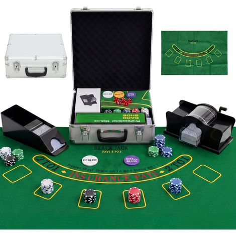 Juego de póker, kit completo de póker con 500 fichas, estuche de ABS, cartas, dados, crupier, tapete y llaves. (1/5)