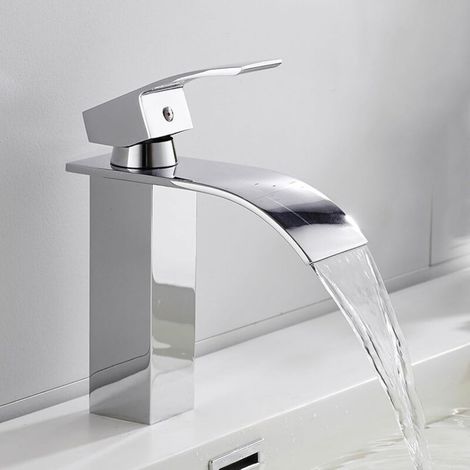 Robinets cascade pour lavabo de salle de bain, mitigeur en laiton pour lavabo de salle de bain, monotrou, mitigeur de lavabo à poignée unique, robinets de lavabo cascade, eau froide et chaude disponi- (1/4)