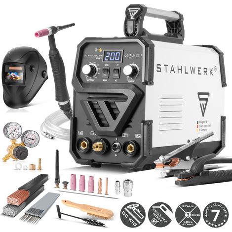 Saldatrice ad arco schermata a gas STAHLWERK 2 in 1 Combi DC TIG 200 ST - completamente equipaggiata - funzione TIG e MMA (E-Hand/ARC) fino a 200A, accensione HF, Hotstart, Anti-Stick, acciaio, acciai