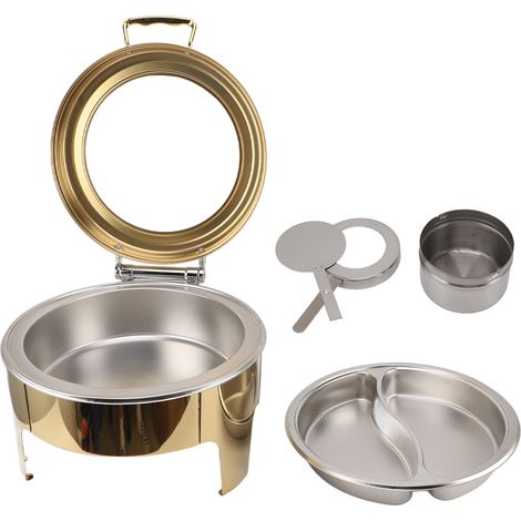 Plat de service rond pour buffet avec couvercle doré à ouverture 90°, réchaud à alcool en acier inoxydable 6L, contenant deux compartiments alimentaires (1/5)