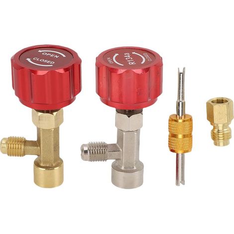 R134a Kit de robinet distributeur de réfrigérant avec dissolvant de noyau de Valve pour recharge de liquide de refroidissement voiture camion SUV véhicule rouge. (1/5)