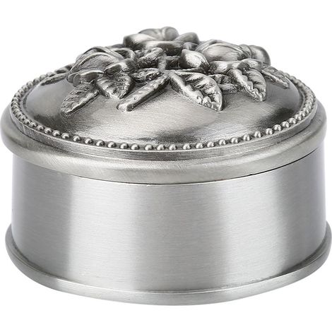 Boîte à bijoux ronde vintage en alliage de zinc, sculptée de fleurs, 1 pièce, pour rangement de bagues. (1/5)