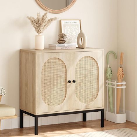 Rattan Sideboard mit 2 Türen, Holz Küchenschrank mit verstellbarem Regal, 80x40x83cm (1/5)