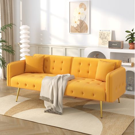 Sofá cama convertible 178x82x70 cm de terciopelo amarillo, elevable FloraGrace (1/5)