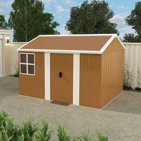 Abri de jardin métal 300 x 240 cm avec double porte coulissante verrouillable, aération, toit à pignon, marron (1/5)