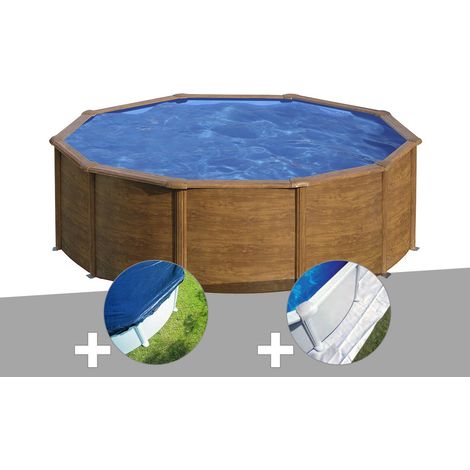 Kit piscine acier aspect bois Gré Sicilia ronde 4,80 x 1,22 m + Bâche hiver + Tapis de sol