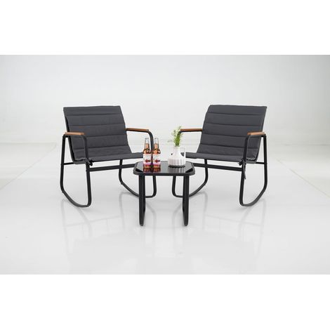COSTWAY Set da Bistrot da Esterno a 3 Pezzi con Dondolo, Sedie a Dondolo da Veranda con Tavolo in Vetro Temperato, Struttura in Metallo e Cuscini Morbidi, per Giardino, Piscina, Cortile (Modello 1)