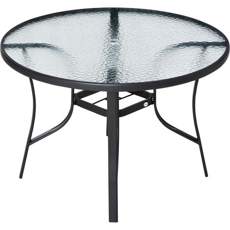 Mesa de Cristal de Jardín con Agujero para Sombrilla Mesa de Comedor Redonda Exterior Terraza Balcón con Marco de Acero Ø106,5x71 cm