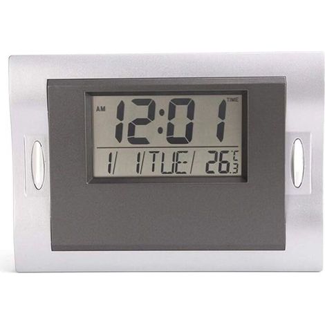 Horloge silencieuse de salon moderne, écran LCD, réveil électronique créatif, heure/date/semaine/température, horloge de table (gris) (1/4)