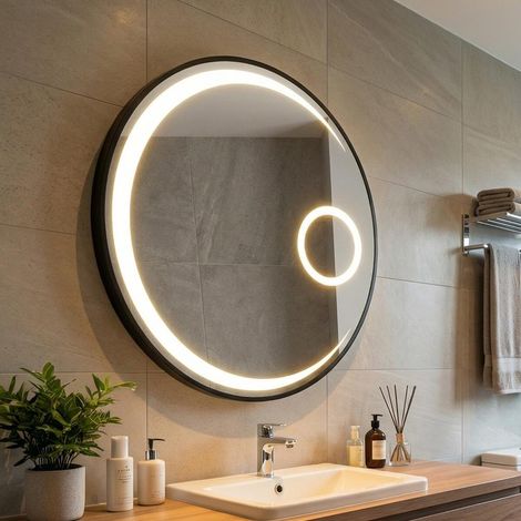 Installation murale facile, miroir salle de bain LED rond 61 cm avec anti-buée, 3 couleurs de lumière et loupe x3