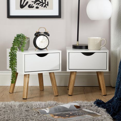 Pair Of Bedside Cabinets White 1 Drawer Bedroom Side Table Wooden Legs Modern (1/5)