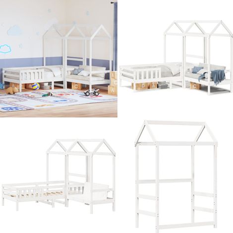Set de cama y banco con techo madera de pino blanco 80x200 cm - Banco con techo - Cama infantil