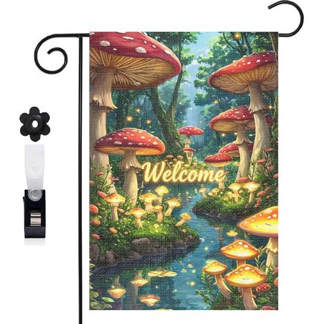 Drapeau de jardin bienvenue 30 x 45 cm motif forêt de champignons féeriques toile double face décoration extérieure (1/5)