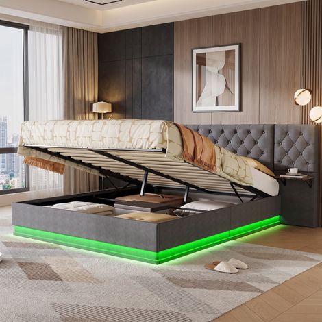 Lit coffre 160x200 cm avec sommier à lattes - Tête de lit extra-large capitonnée chevets suspendus LED USB - Cadre double adulte tissu lin - Gris (1/5)