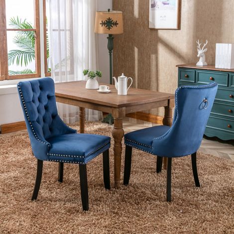 Chaise de salle à manger moderne en velours et bois massif-2 chaises avec clous décoratifs-pieds en bois-50x62x95(cm) (1/5)