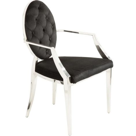 Chaise baroque VELENA en velours noir capitonné avec accoudoirs et structure argentée (1/5)