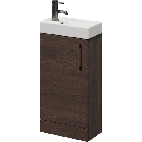 Napoli Cube Brown Oak 400mm Single Door Vanity Unit with Align Basin - 400mm - Gunmetal Grey 160mm Handle