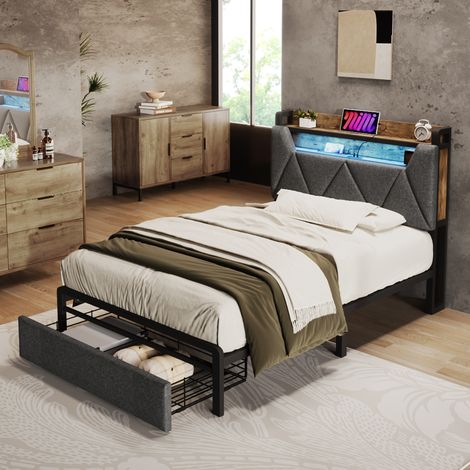 lit coffre 90x200 avec tiroirs, tete de lit LED HAVRYA (1/5)