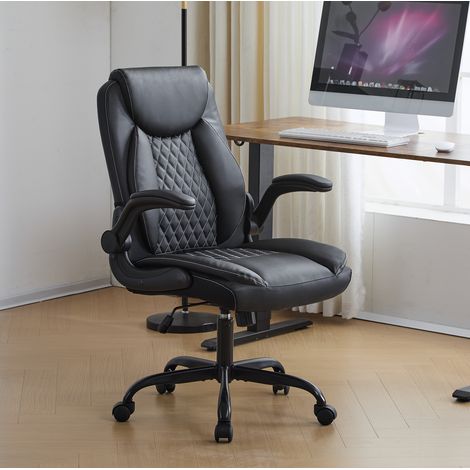 Silla ergonómica de polipiel, regulable, reposabrazos abatibles, negra OKMYHOME (1/5)