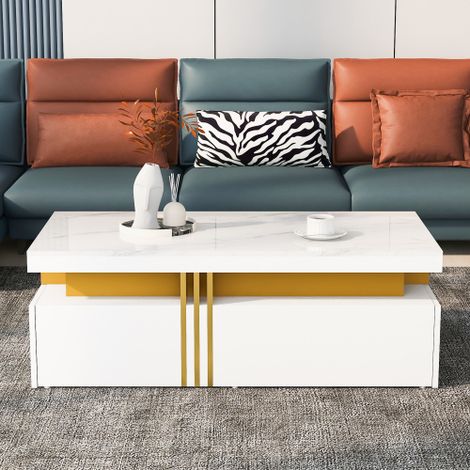 Table basse rectangulaire moderne avec plateau haute brillance et 2 tiroirs en bois — Plateau effet marbré — Pour le salon