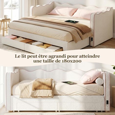 Lit Daybed 90x200 cm, canapé convertible avec 2 tiroirs de rangement, extensible à 180 cm, tissu bouclé beige, prise USB intégrée, sofa de relaxation (1/5)