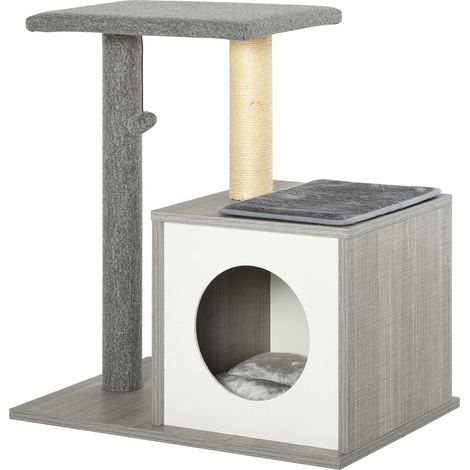 Katzenbaum 59 x 39 x 62 cm, 3-stöckig, mit Plattformen, Kratzstämmen, geräumiger Holzhöhle, abnehmbaren weichen Kissen und Spielball, Grau